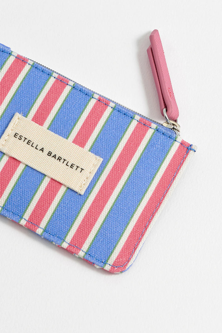 Estella Bartlett blue striped card purse with zip fastening and colourful stripe design
