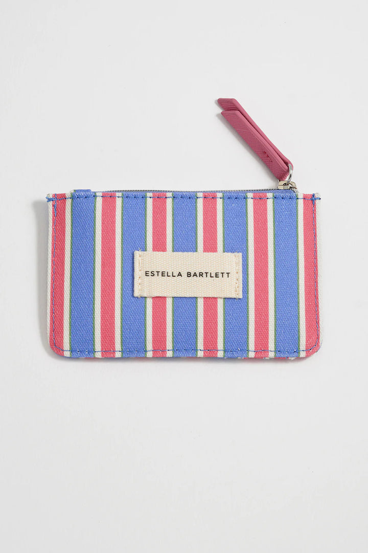 Estella Bartlett blue striped card purse with zip fastening and colourful stripe design