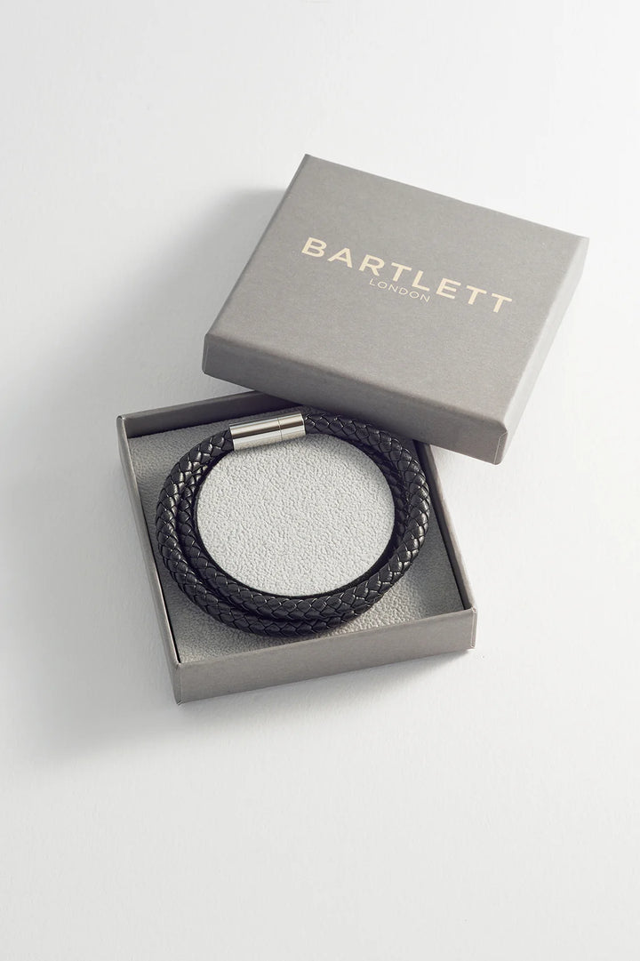 Estella Bartlett men’s double wrap braided leather bracelet with stainless steel clasp in black and brown