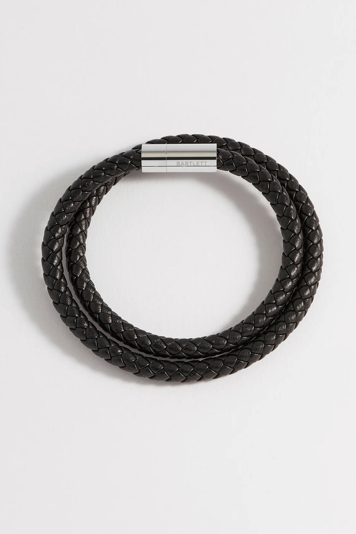 Estella Bartlett men’s double wrap braided leather bracelet with stainless steel clasp in black and brown