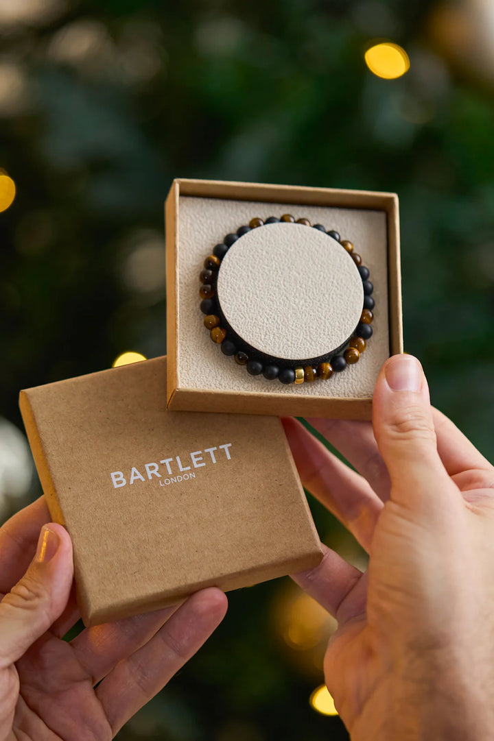 Bartlett London men’s tiger eye and black onyx beaded bracelet with waterproof gold-plated stainless steel detail
