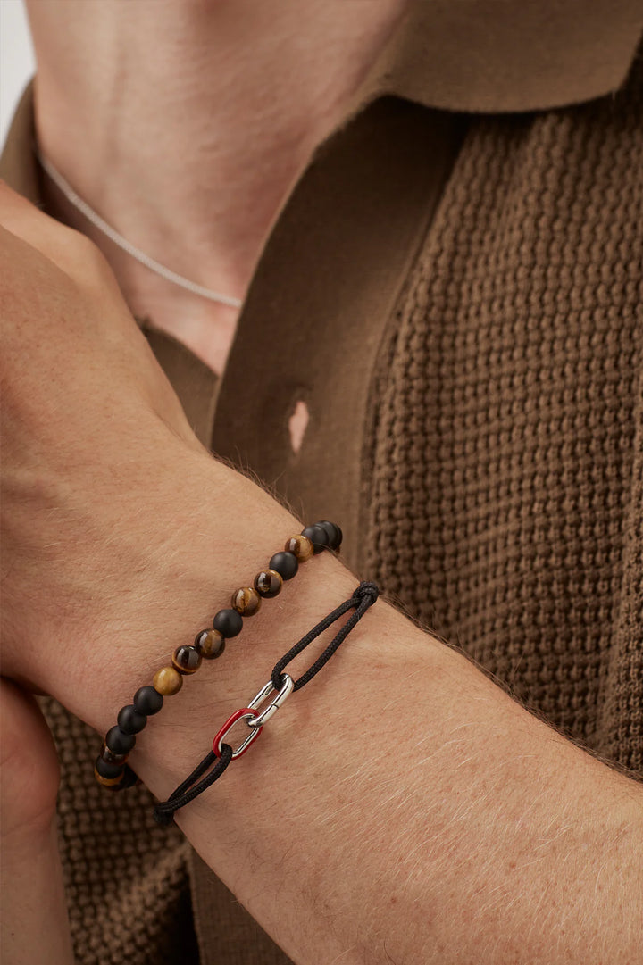 Bartlett London men’s tiger eye and black onyx beaded bracelet with waterproof gold-plated stainless steel detail
