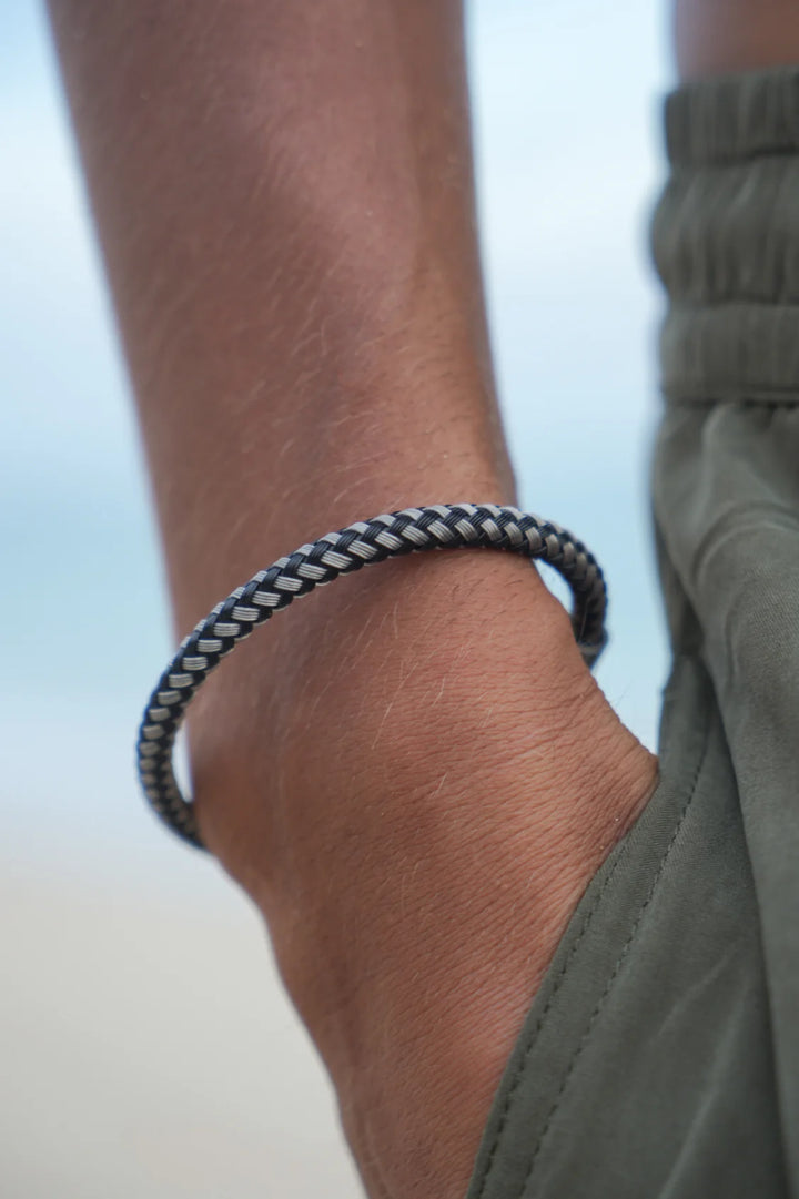 Bartlett London men’s grey and black stainless steel metal mesh bracelet with woven braided design