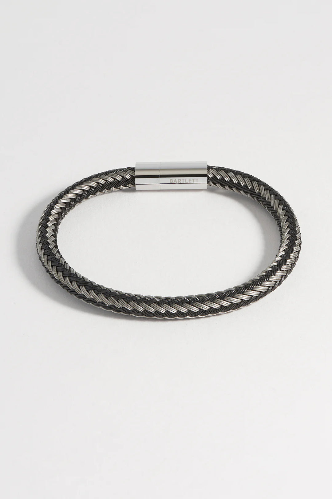 Bartlett London men’s grey and black stainless steel metal mesh bracelet with woven braided design