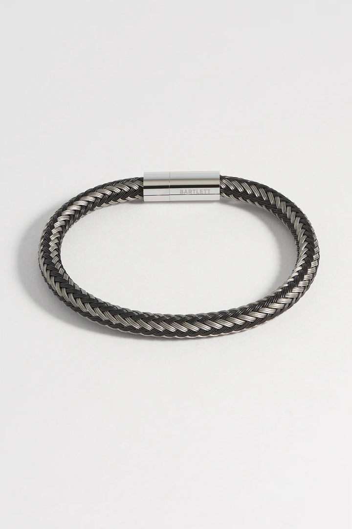 Bartlett London men’s grey and black stainless steel metal mesh bracelet with woven braided design
