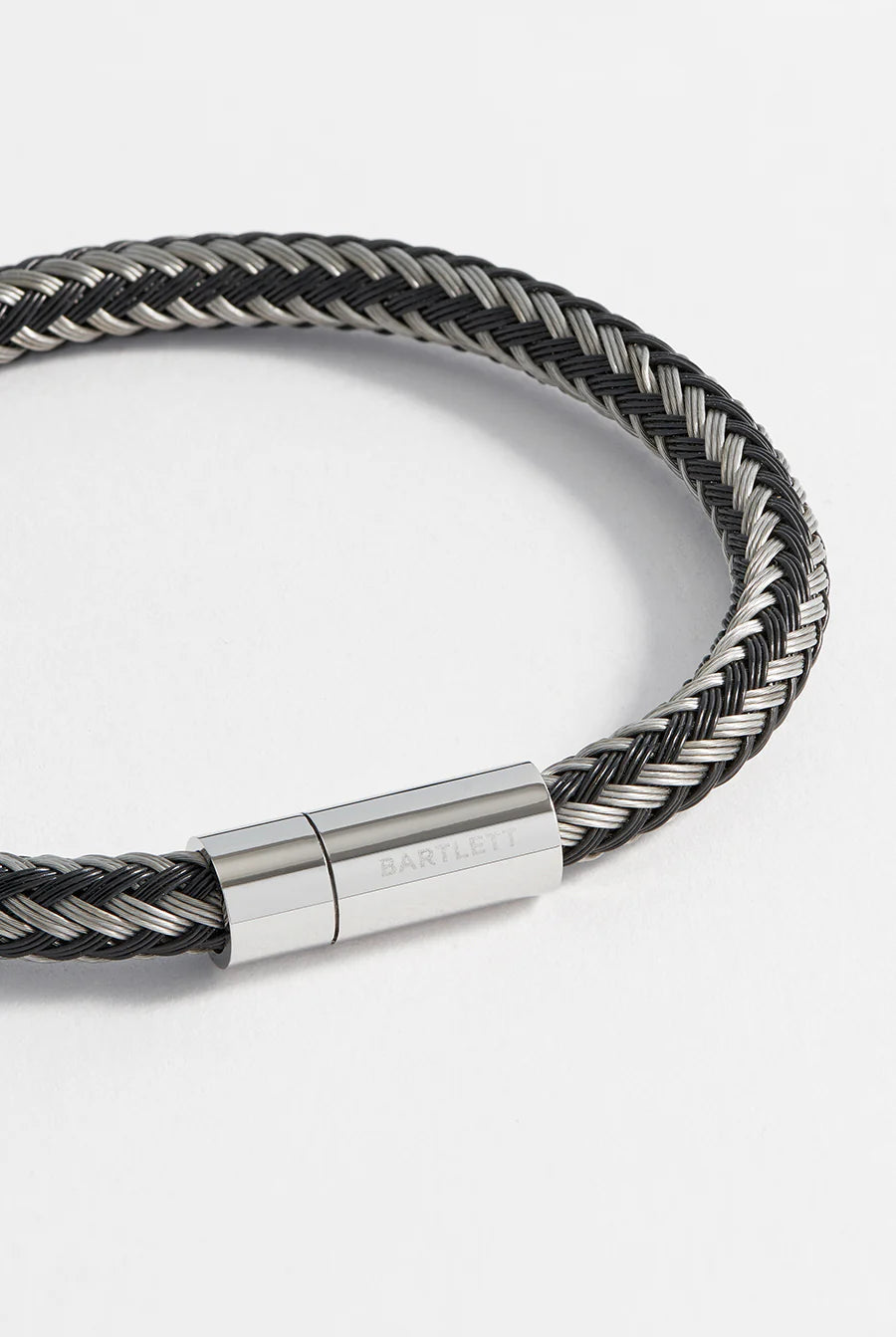 Bartlett London men’s grey and black stainless steel metal mesh bracelet with woven braided design