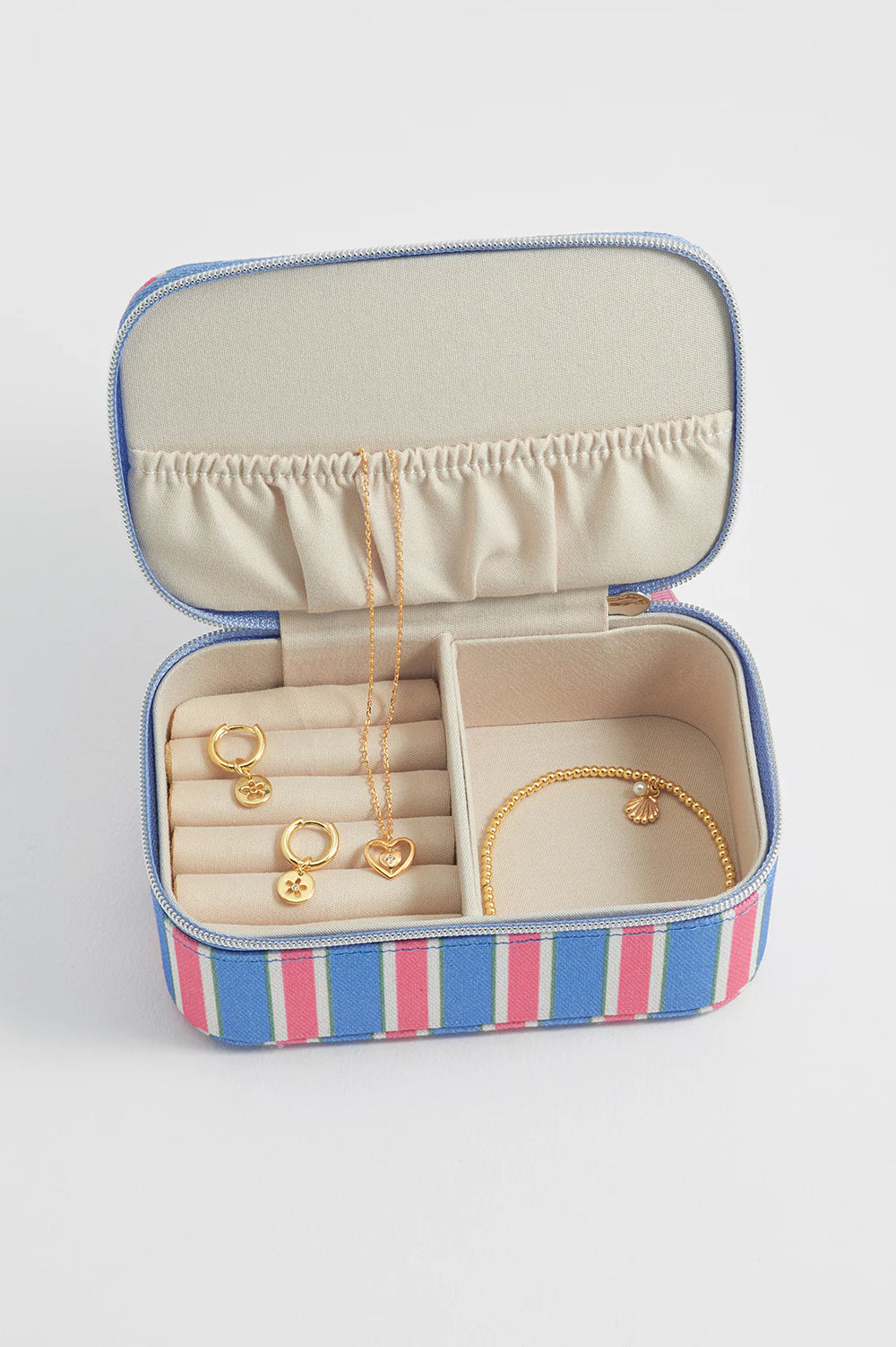 Estella Bartlett striped mini jewellery box in multicolour vegan leather with zip closure