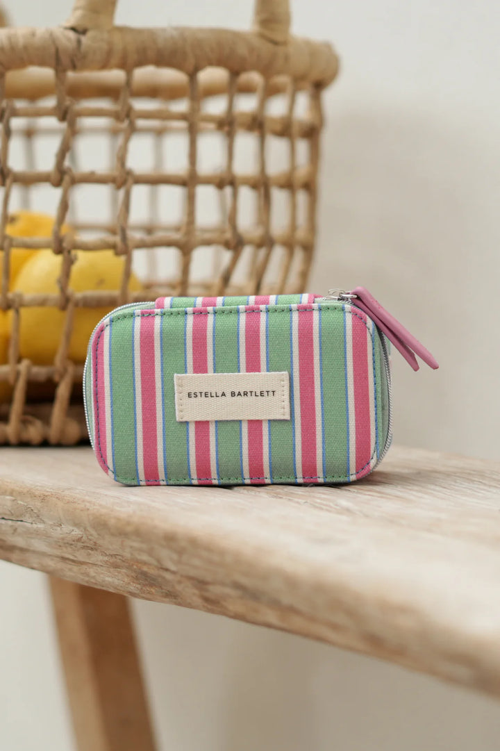 Estella Bartlett striped mini jewellery box in multicolour vegan leather with zip closure