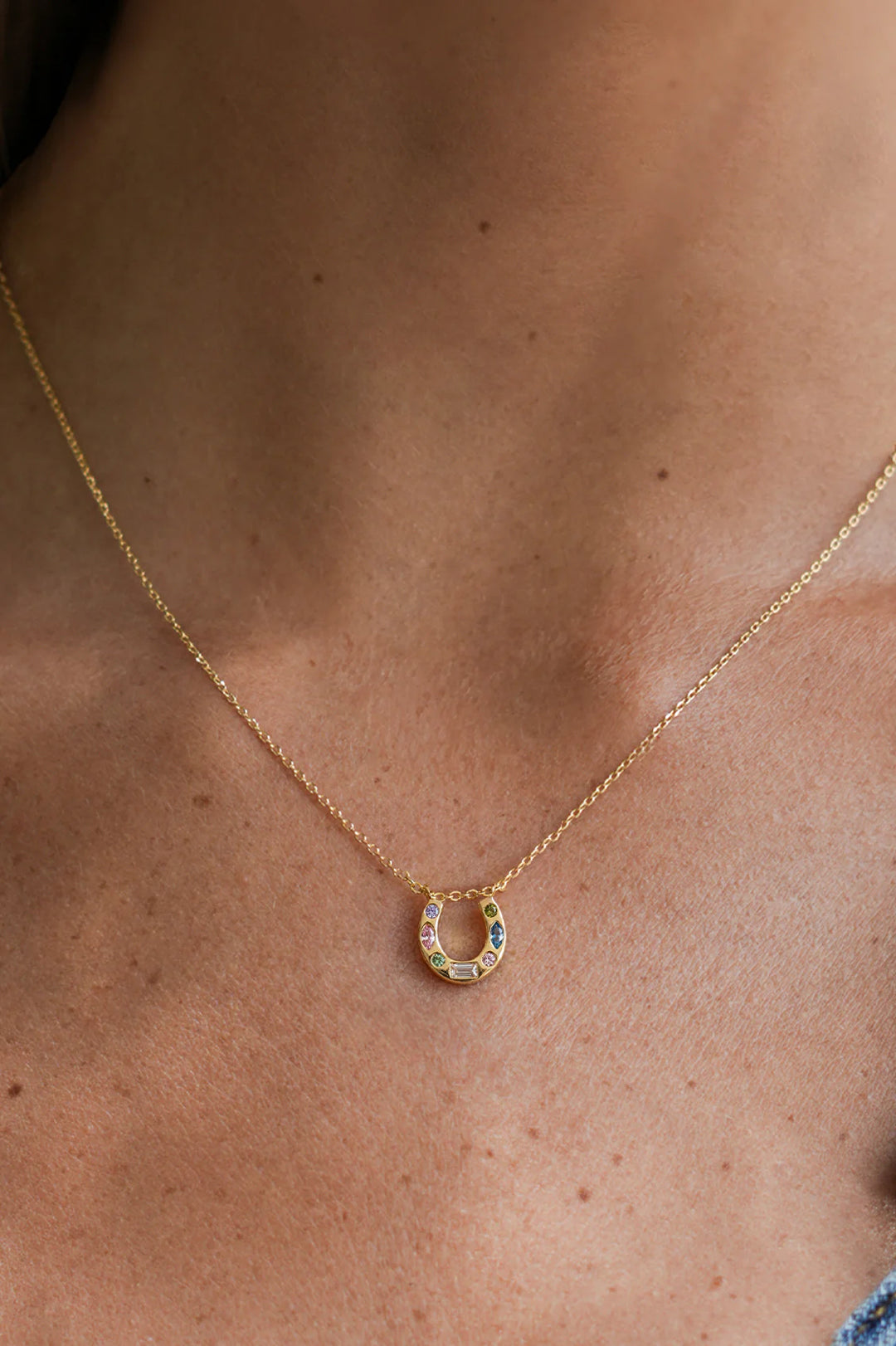 Estella Bartlett gold plated horseshoe necklace with pastel cubic zirconia charms