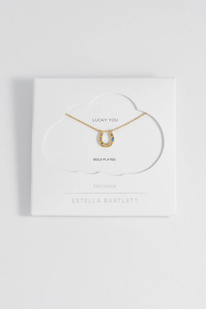 Estella Bartlett gold plated horseshoe necklace with pastel cubic zirconia charms