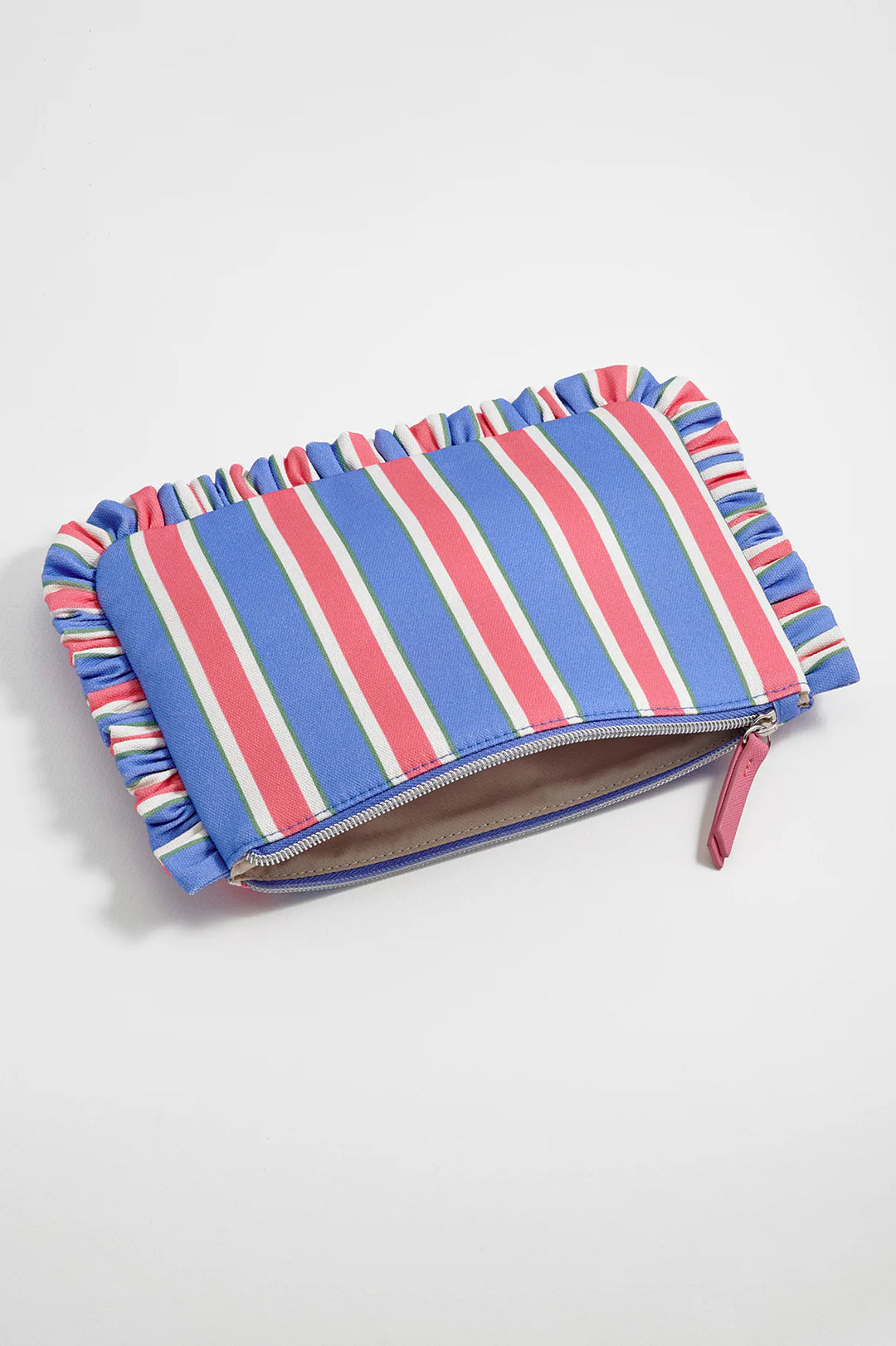 Estella Bartlett blue stripe ruffle pouch with colourful striped design and frill edging