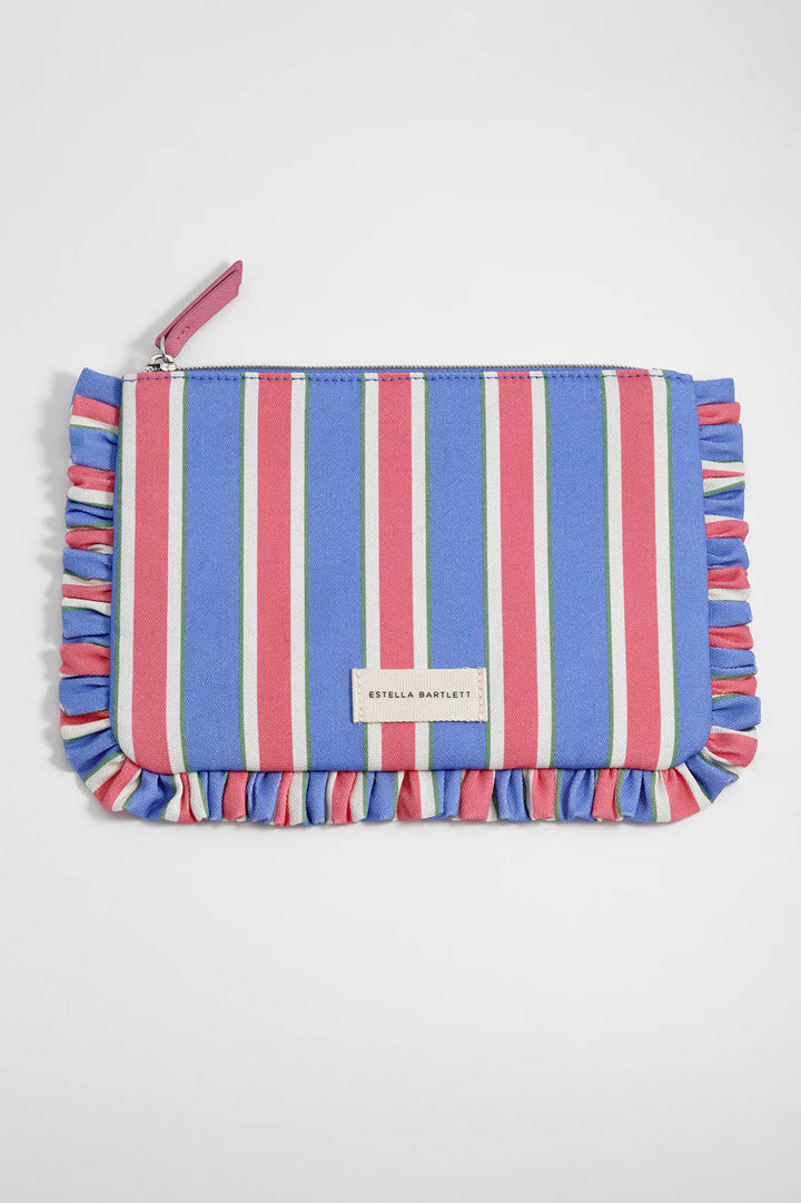 Estella Bartlett blue stripe ruffle pouch with colourful striped design and frill edging