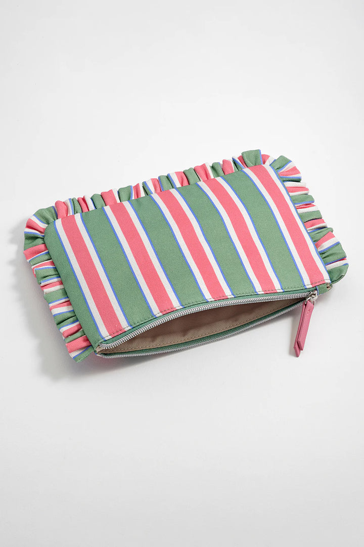 Estella Bartlett blue stripe ruffle pouch with colourful striped design and frill edging