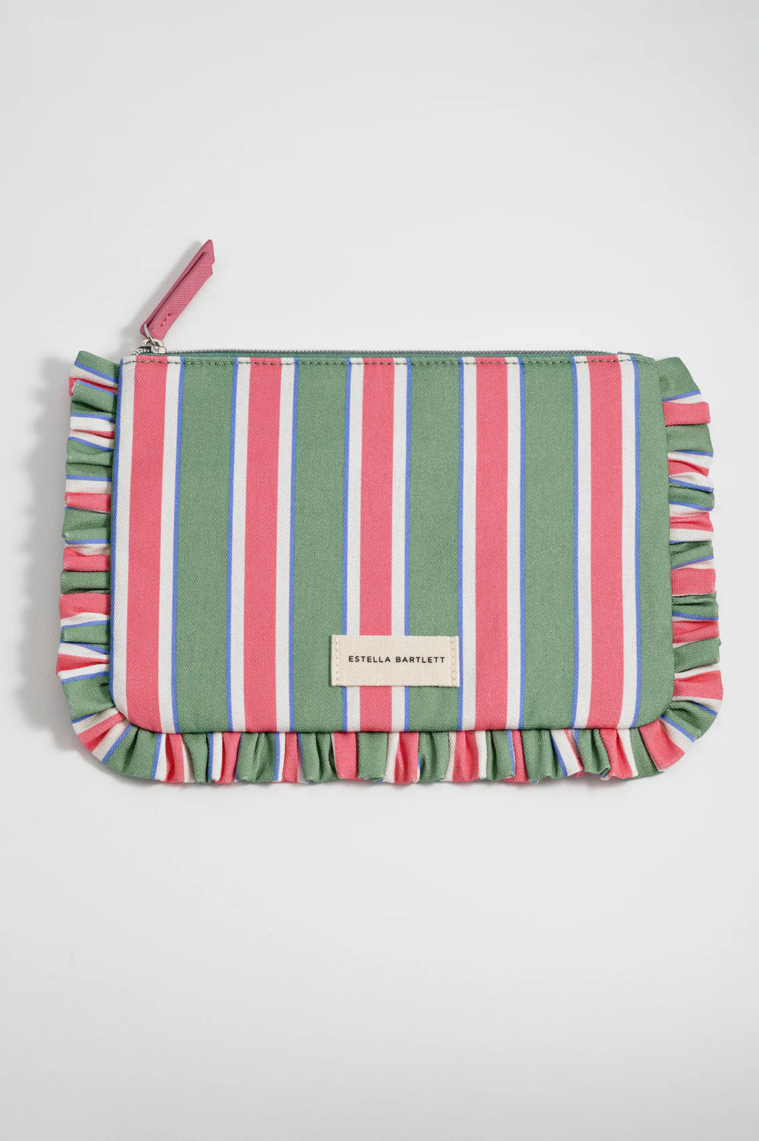 Estella Bartlett blue stripe ruffle pouch with colourful striped design and frill edging