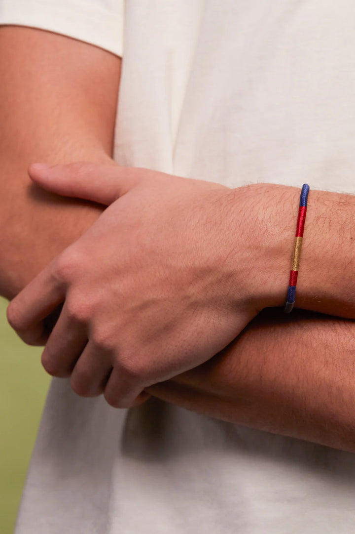 Bartlett London men’s woven bracelet in waterproof stainless steel with navy, red and mustard thread details