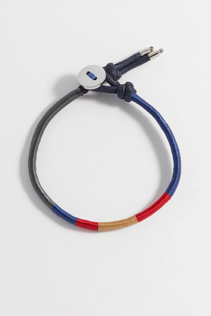 Bartlett London men’s woven bracelet in waterproof stainless steel with navy, red and mustard thread details
