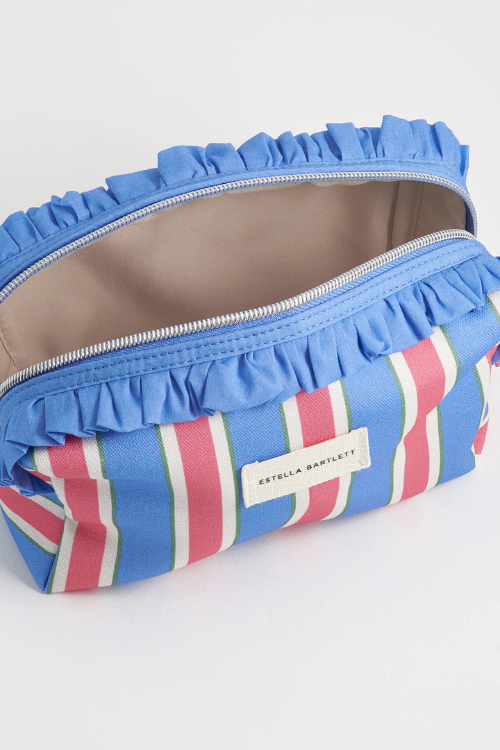 Estella Bartlett green stripe ruffle wash bag with colourful striped pattern and frill trim