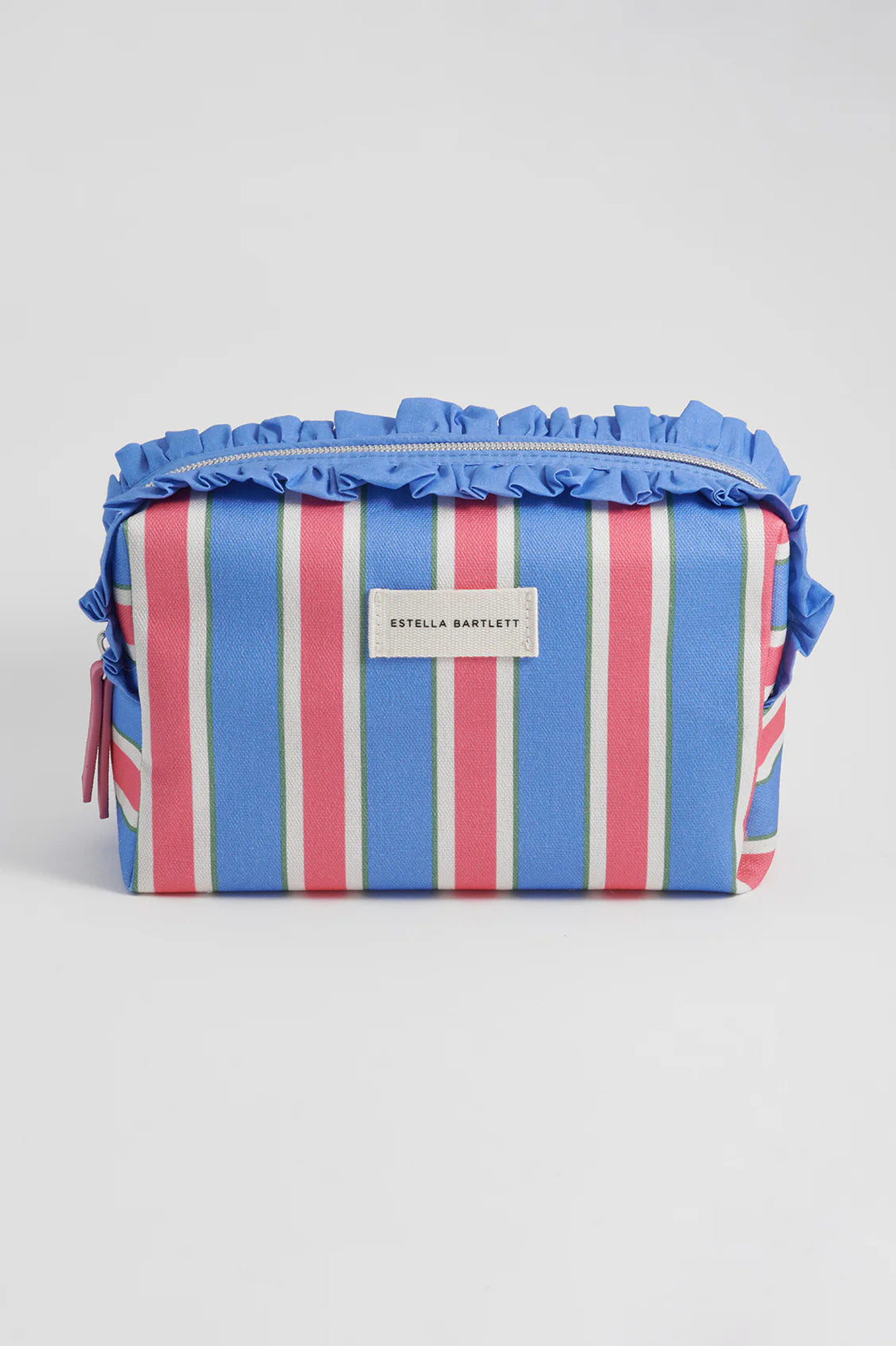 Estella Bartlett green stripe ruffle wash bag with colourful striped pattern and frill trim