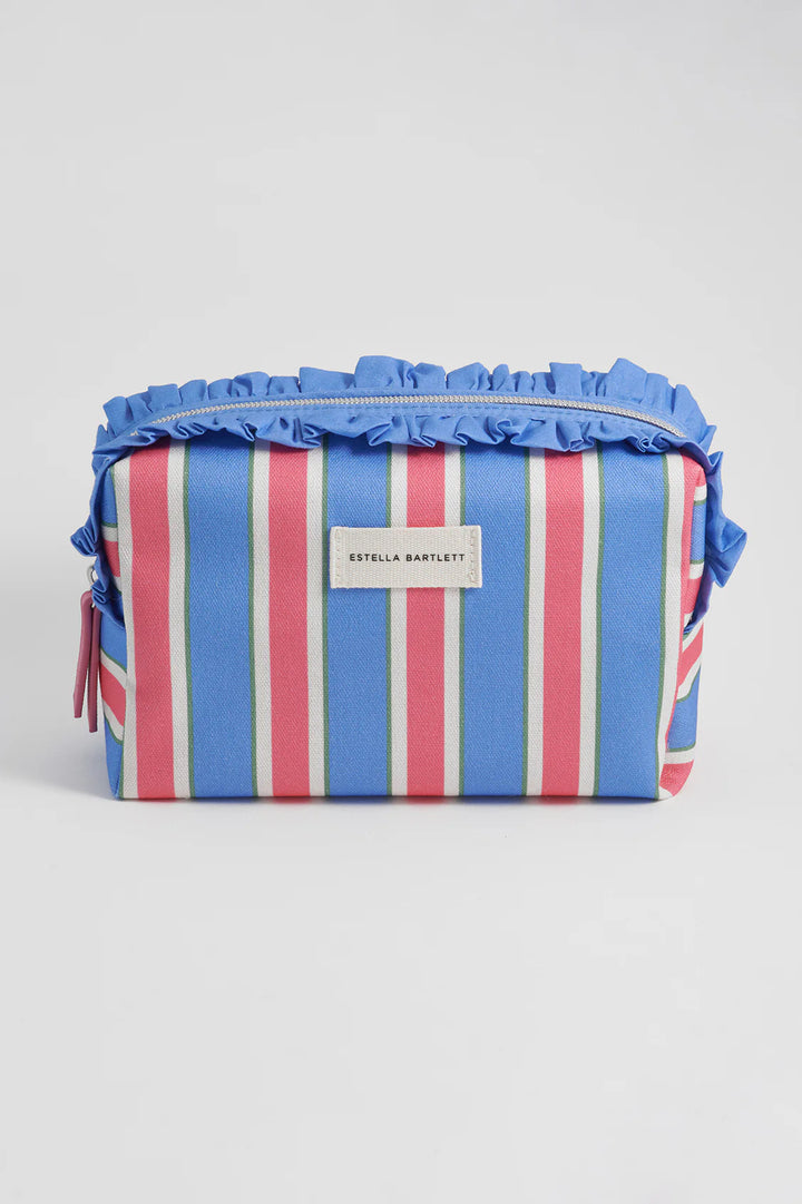 Estella Bartlett green stripe ruffle wash bag with colourful striped pattern and frill trim