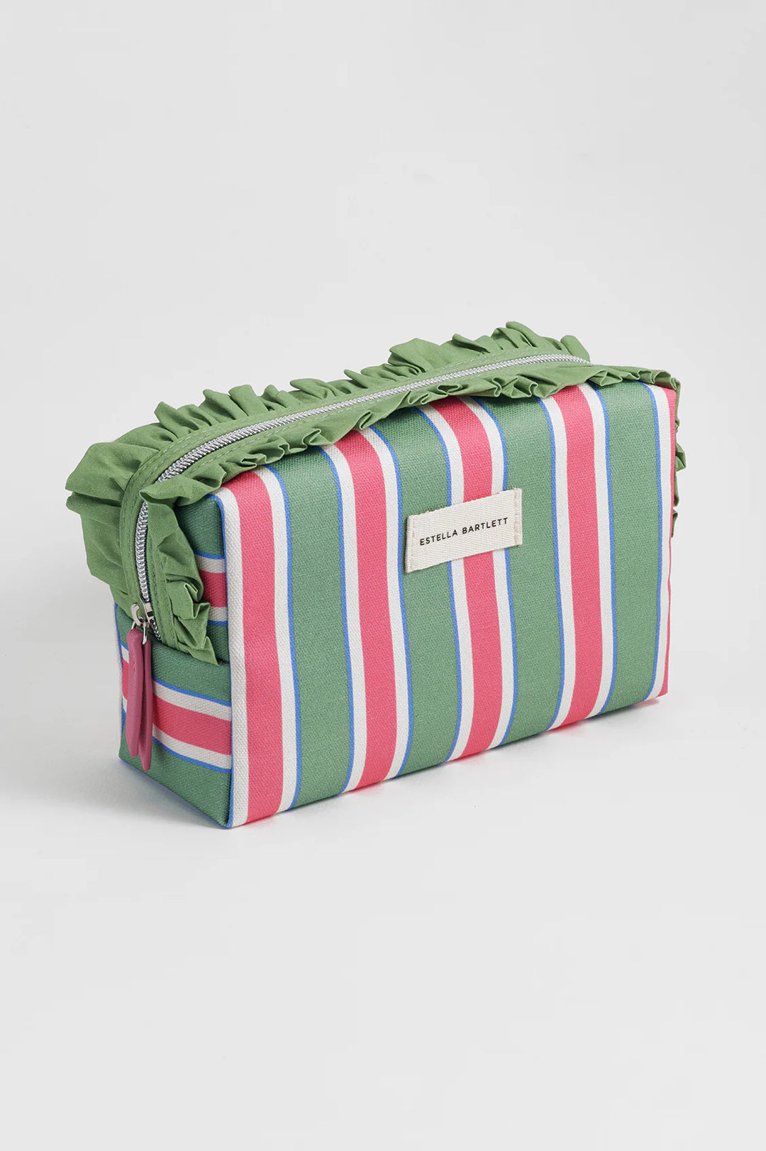 Estella Bartlett green stripe ruffle wash bag with colourful striped pattern and frill trim