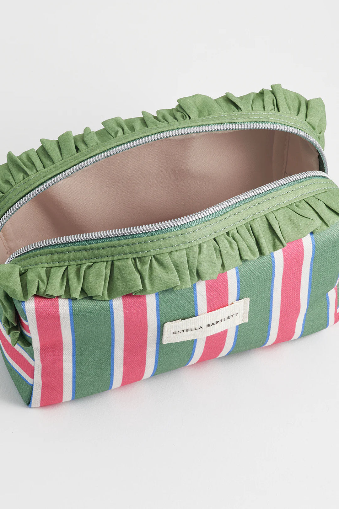 Estella Bartlett green stripe ruffle wash bag with colourful striped pattern and frill trim