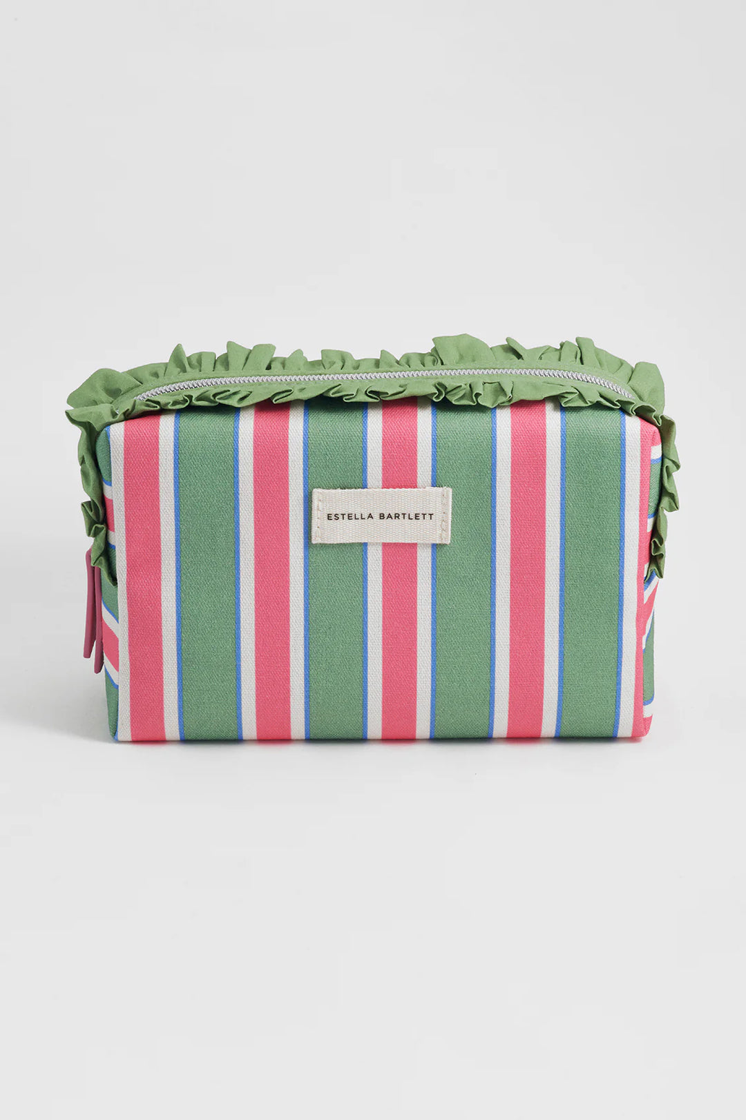 Estella Bartlett green stripe ruffle wash bag with colourful striped pattern and frill trim