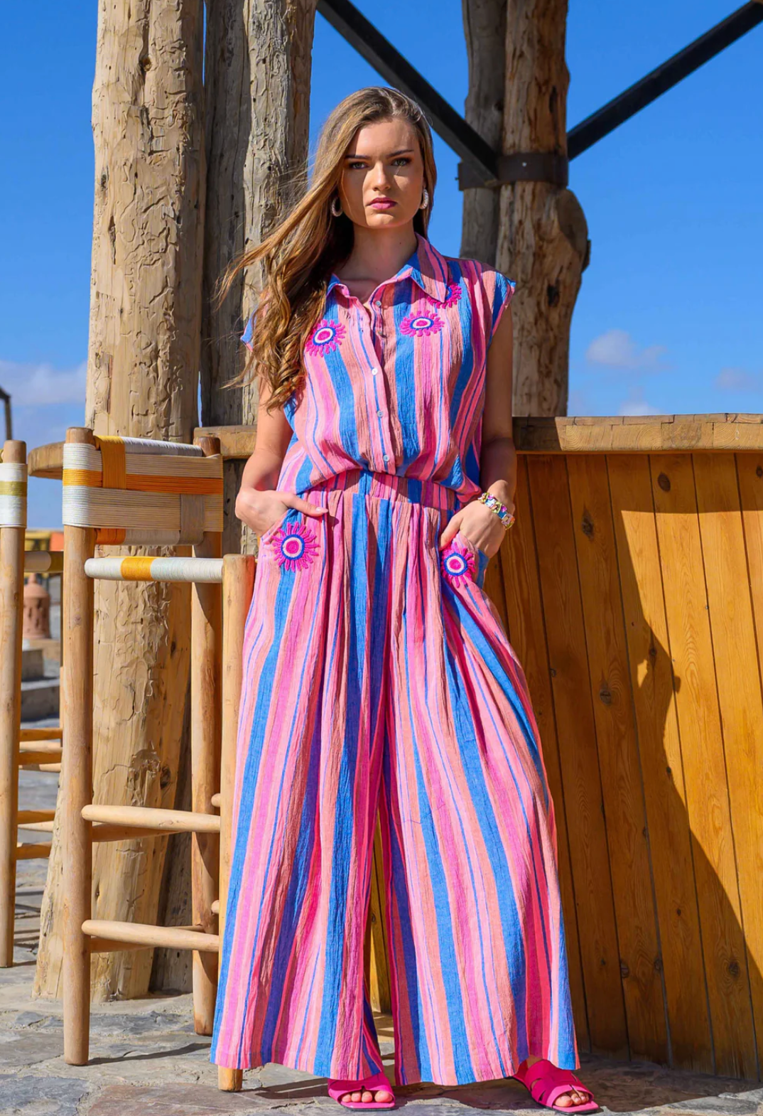 striped top and trousers set women lightweight summer outfit
