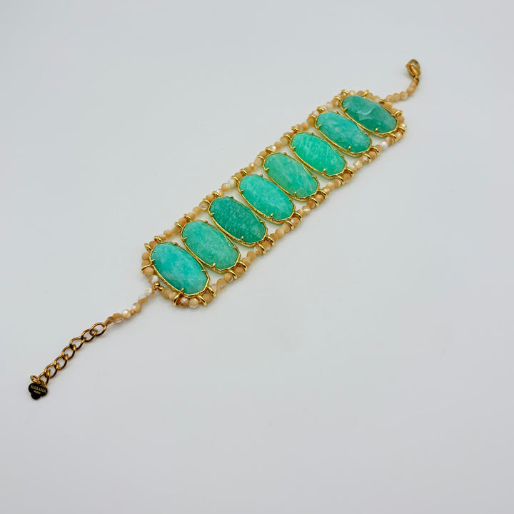 Habaha green stone statement bracelet with faceted gemstones and gold-tone detailing