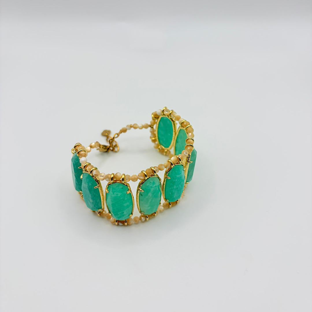 Habaha green stone statement bracelet with faceted gemstones and gold-tone detailing