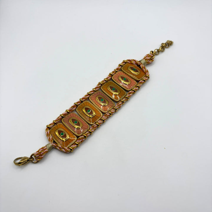 Habaha evil eye statement bracelet with pink braided cord, gold-plated details and turquoise eye motifs