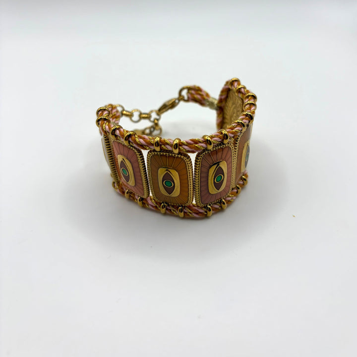 Habaha evil eye statement bracelet with pink braided cord, gold-plated details and turquoise eye motifs