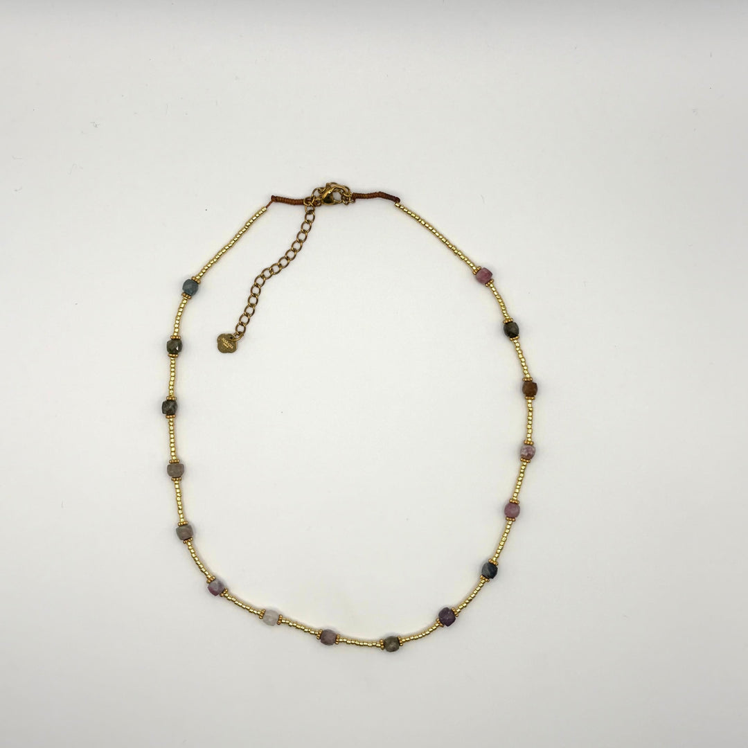 Habaha Nayeli Aura natural stone beaded necklace with multicolor gemstone accents and gold-tone beads.