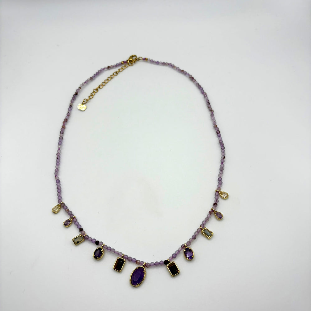 Habaha Aysel Nocturne purple natural stone necklace with faceted gemstone charms and gold-tone accents.