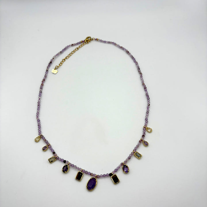 Habaha Aysel Nocturne purple natural stone necklace with faceted gemstone charms and gold-tone accents.