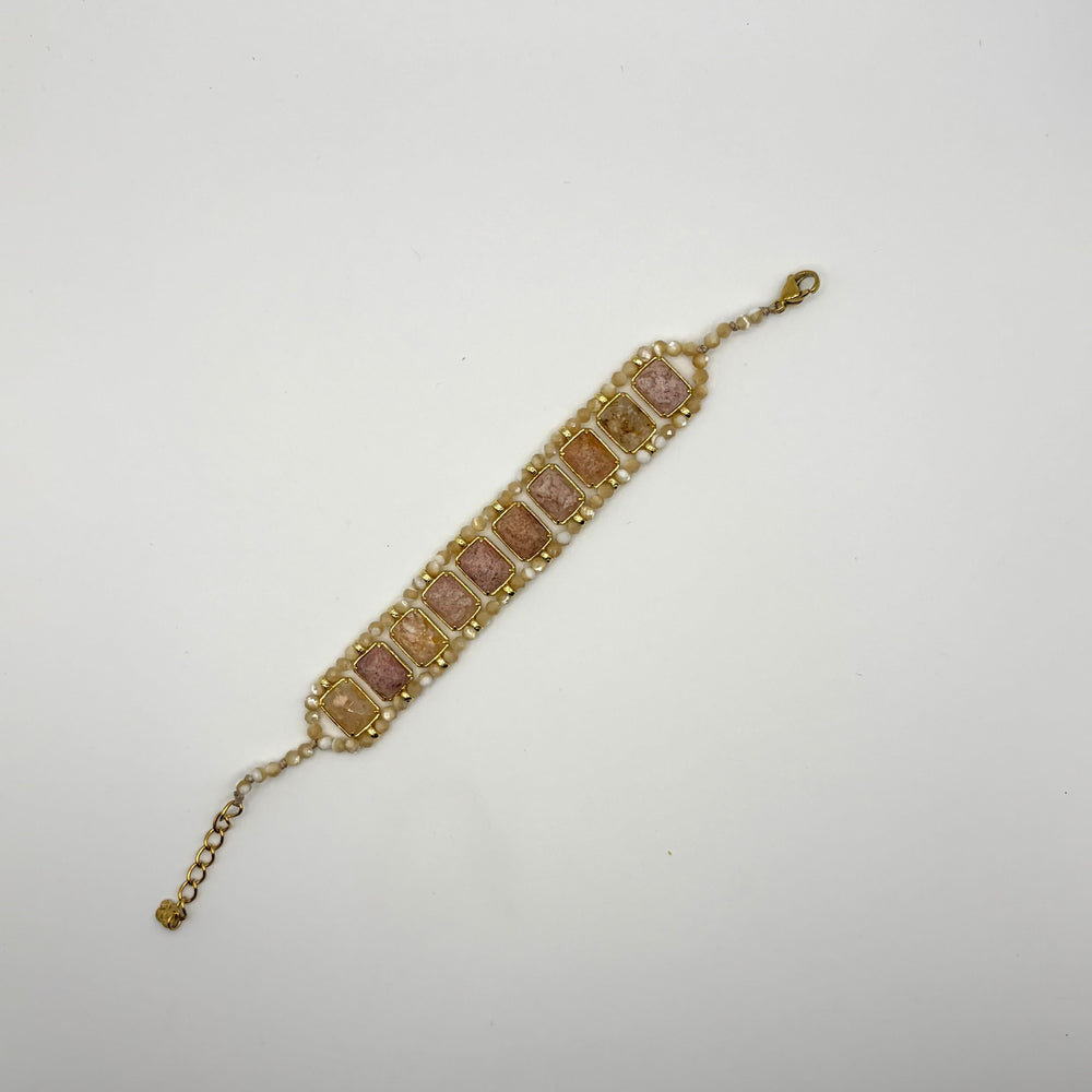 Habaha pink stone beaded bracelet with natural gemstone rectangles, faceted beads and gold-plated accents