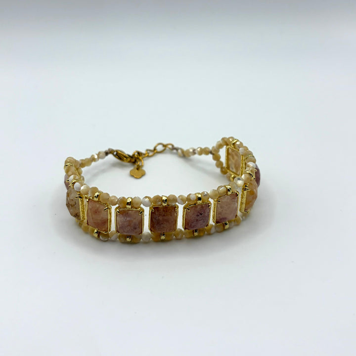 Habaha pink stone beaded bracelet with natural gemstone rectangles, faceted beads and gold-plated accents