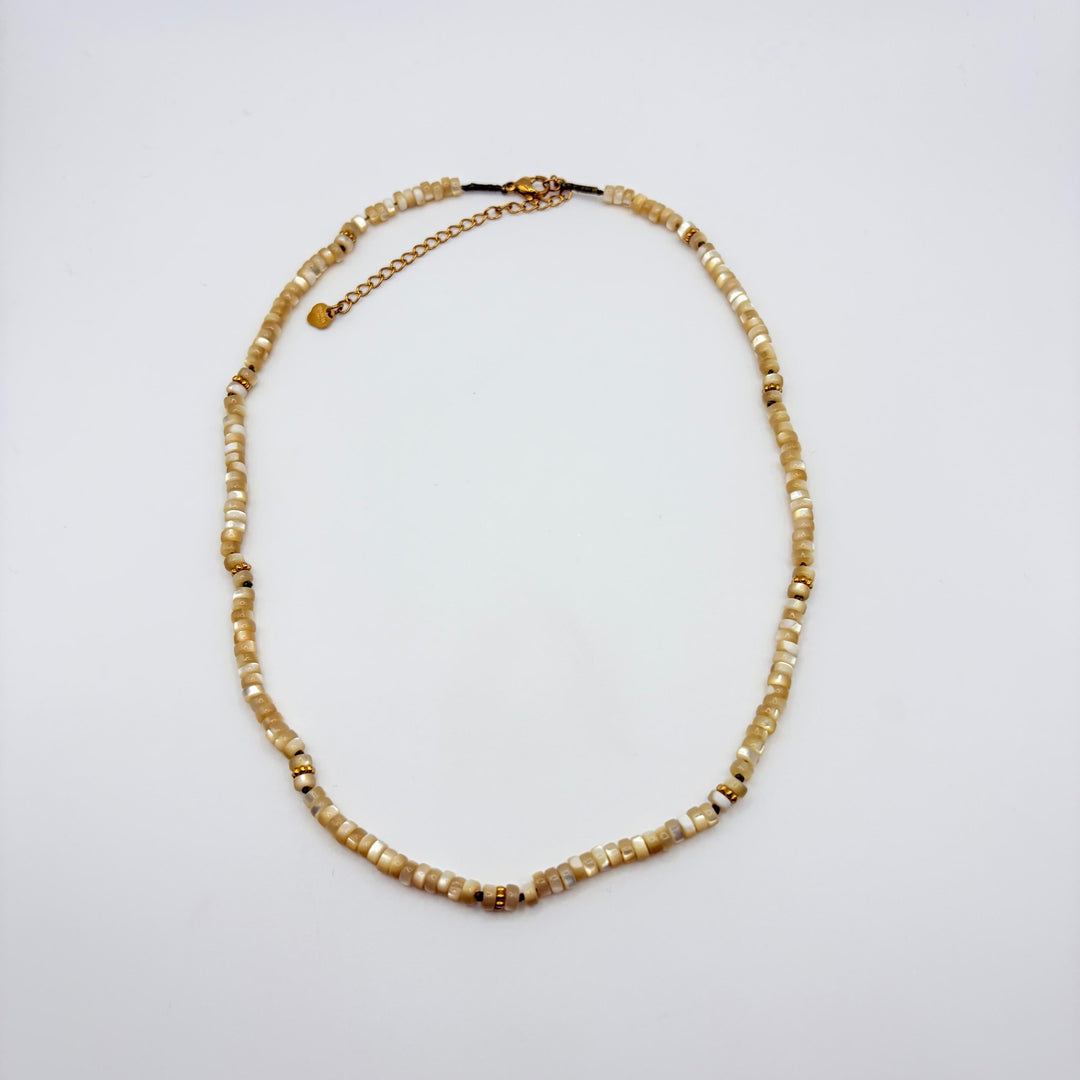 Habaha shell bead necklace with natural ivory shell discs and gold-tone accents.