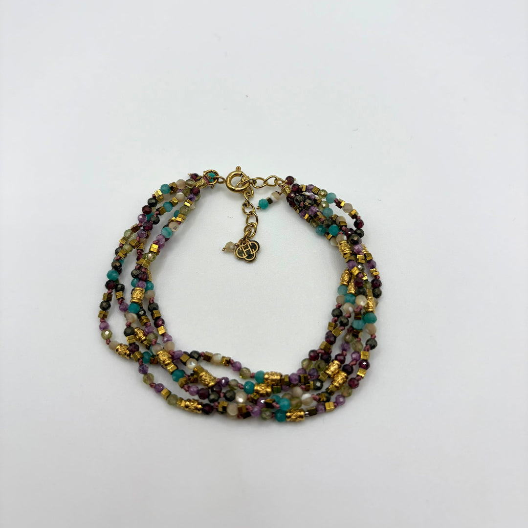 Habaha multicolor beaded bracelet with layered natural stone beads and gold-plated accents