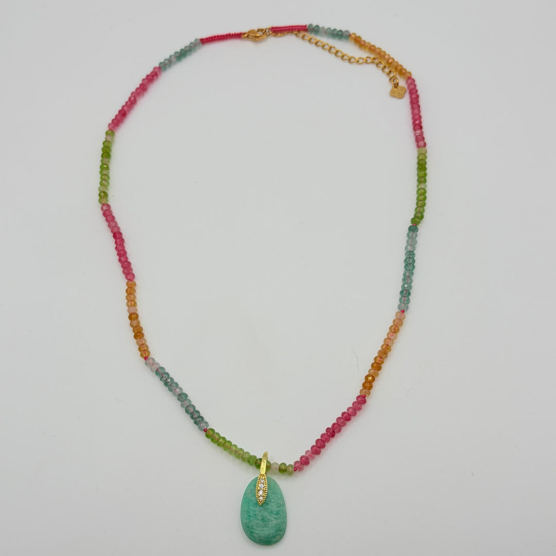 Zelia multicolor pendant necklace with green pendant, colorful beads and gold-tone details by Habaha