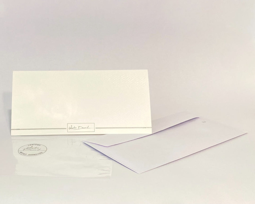 Dubai skyline illustrated folded greeting card with white envelope and minimalist luxury stationery design.