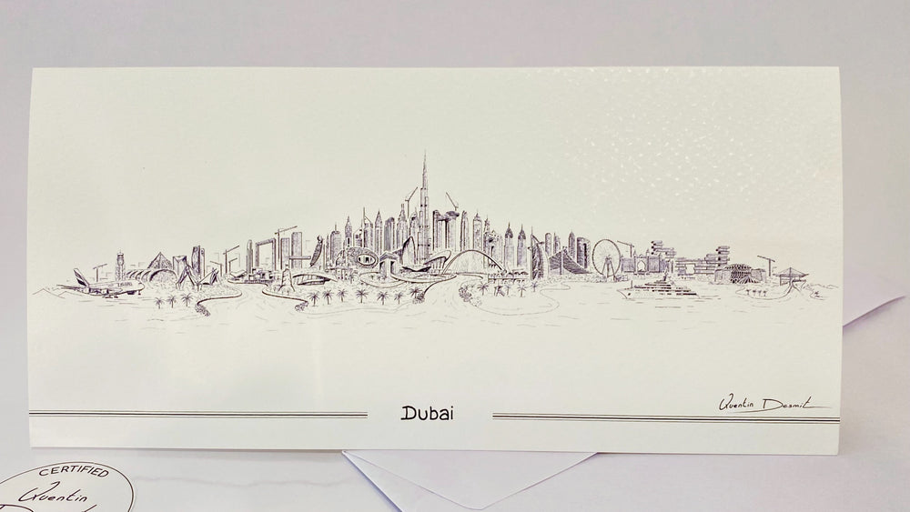 Dubai skyline illustrated folded greeting card with white envelope and minimalist luxury stationery design.