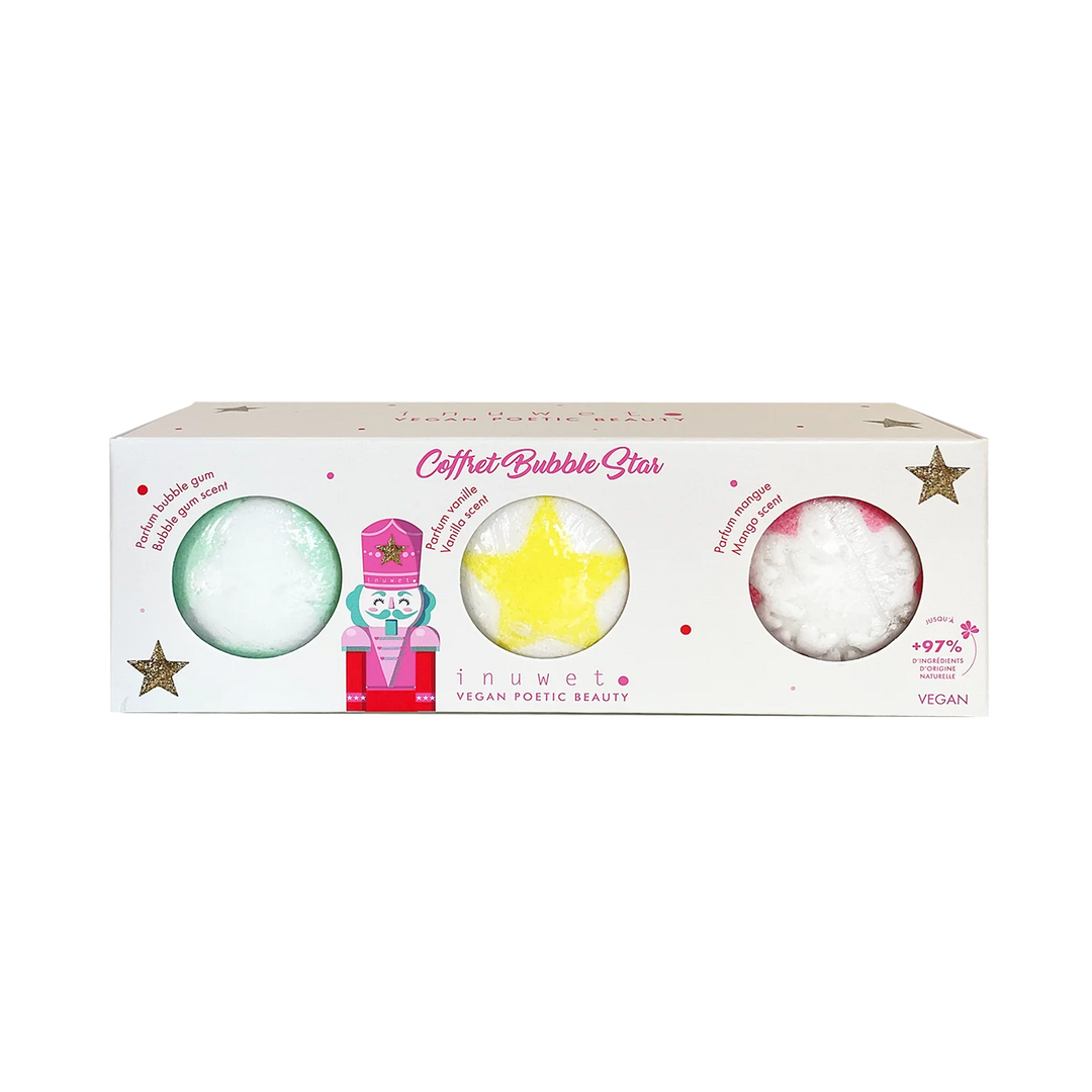 three effervescent bubble star bath balls for gentle, playful bath time