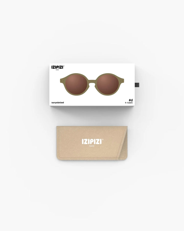 IZIPIZI Baby #D Glossy Kaki polarized sunglasses for toddlers aged 0–3 with a glossy semi-translucent khaki frame