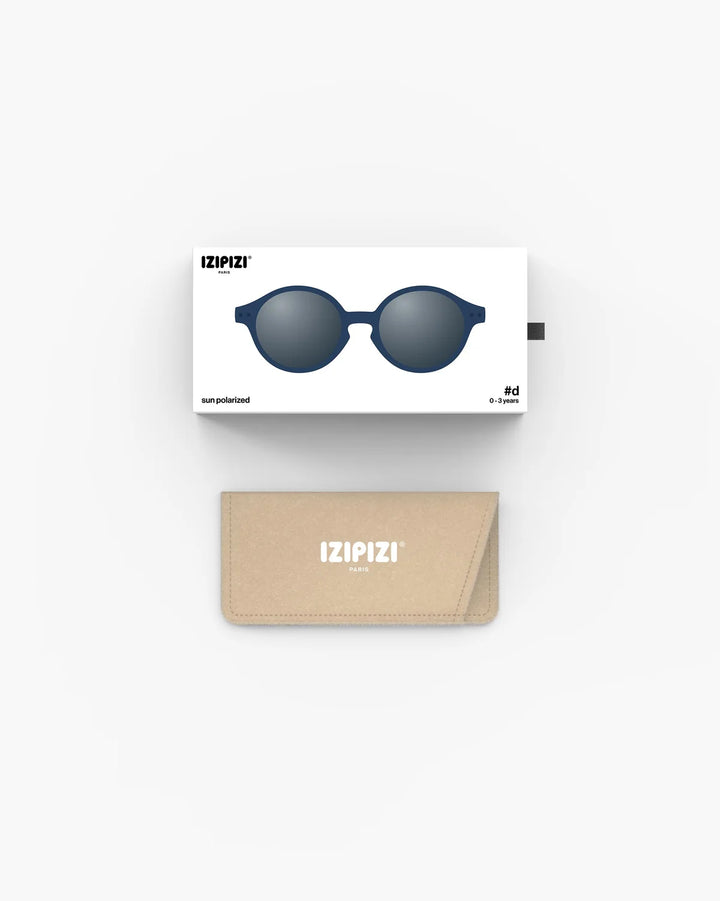 IZIPIZI Baby #D Denim Blue polarized sunglasses for toddlers aged 0–3 with matte blue frame and grey lenses