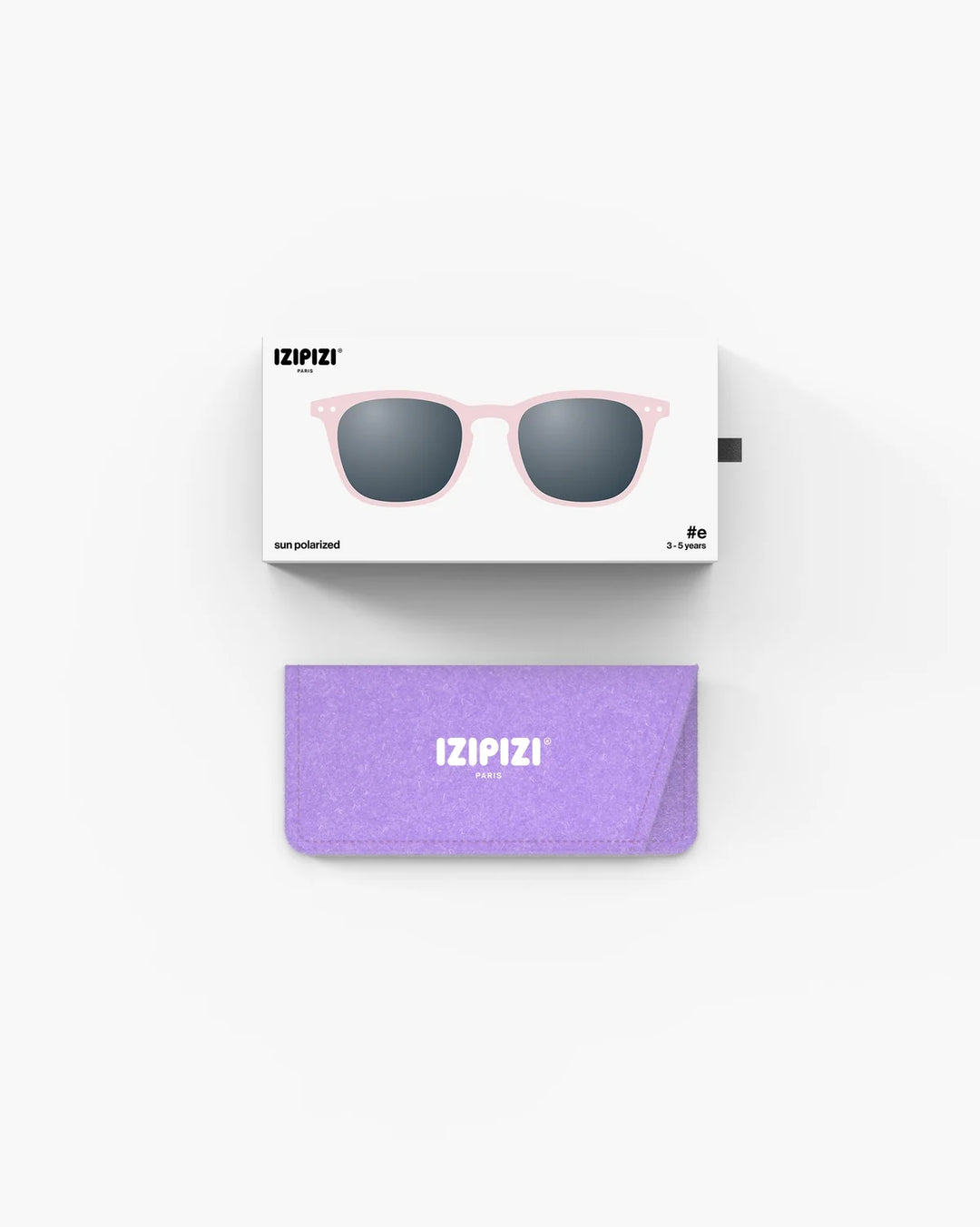 IZIPIZI CHILD #E Pink polarized kids sunglasses with soft pink rectangular frame and grey-green polarized lenses
