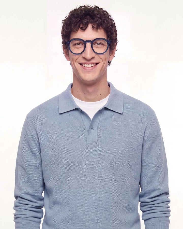 IZIPIZI READING ECHO Blue Line reading glasses with vibrant translucent blue angular panto frame and glossy finish