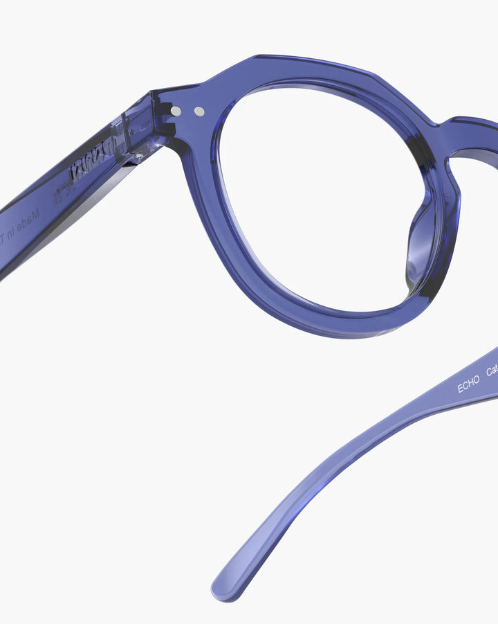 IZIPIZI READING ECHO Blue Line reading glasses with vibrant translucent blue angular panto frame and glossy finish
