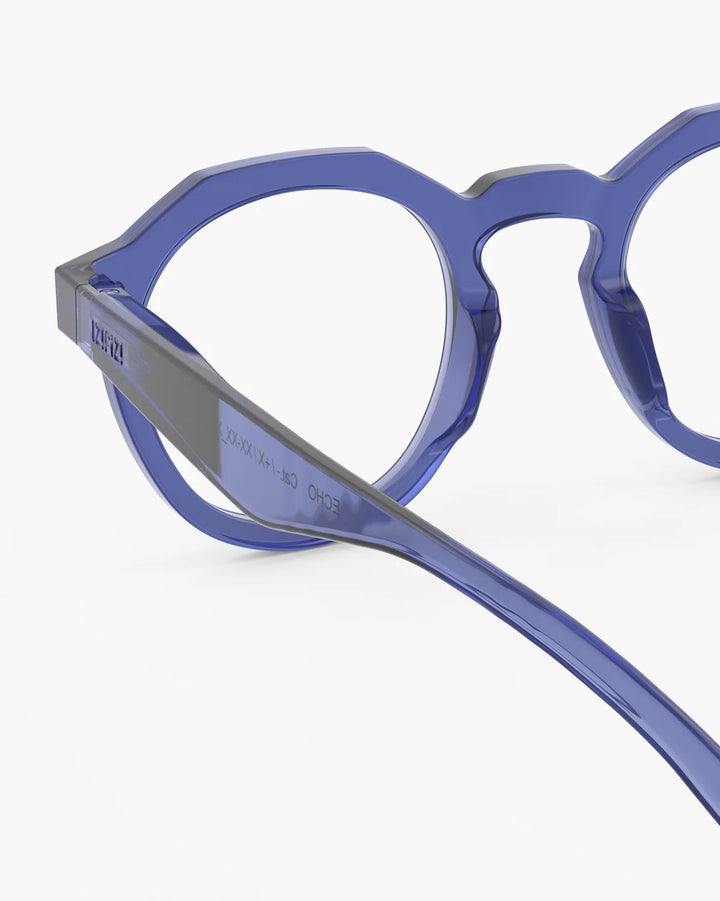 IZIPIZI READING ECHO Blue Line reading glasses with vibrant translucent blue angular panto frame and glossy finish