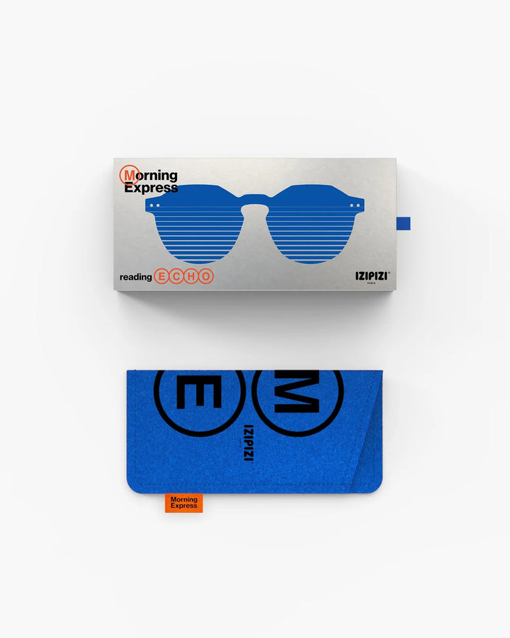 IZIPIZI READING ECHO Blue Line reading glasses with vibrant translucent blue angular panto frame and glossy finish
