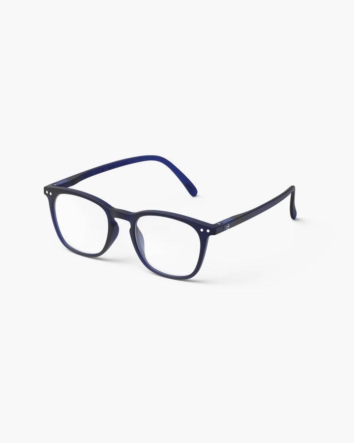 IZIPIZI READING #E Midnight Blue reading glasses with translucent navy rectangular frame and Soft Touch finish